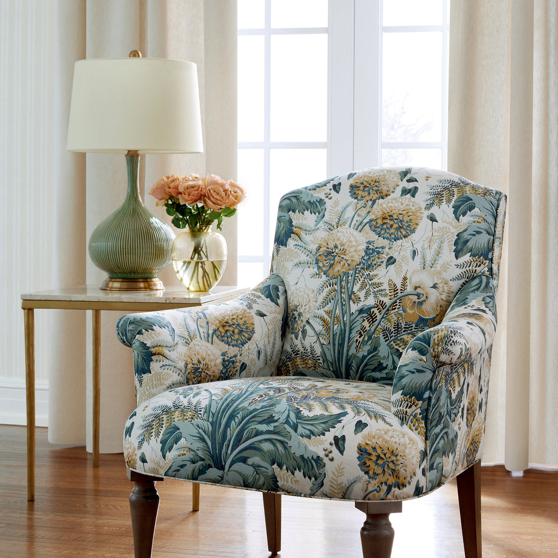 Pembroke Chair in Dahlia printed fabric in Soft Gold on Cream, Anna French pattern number AF24539