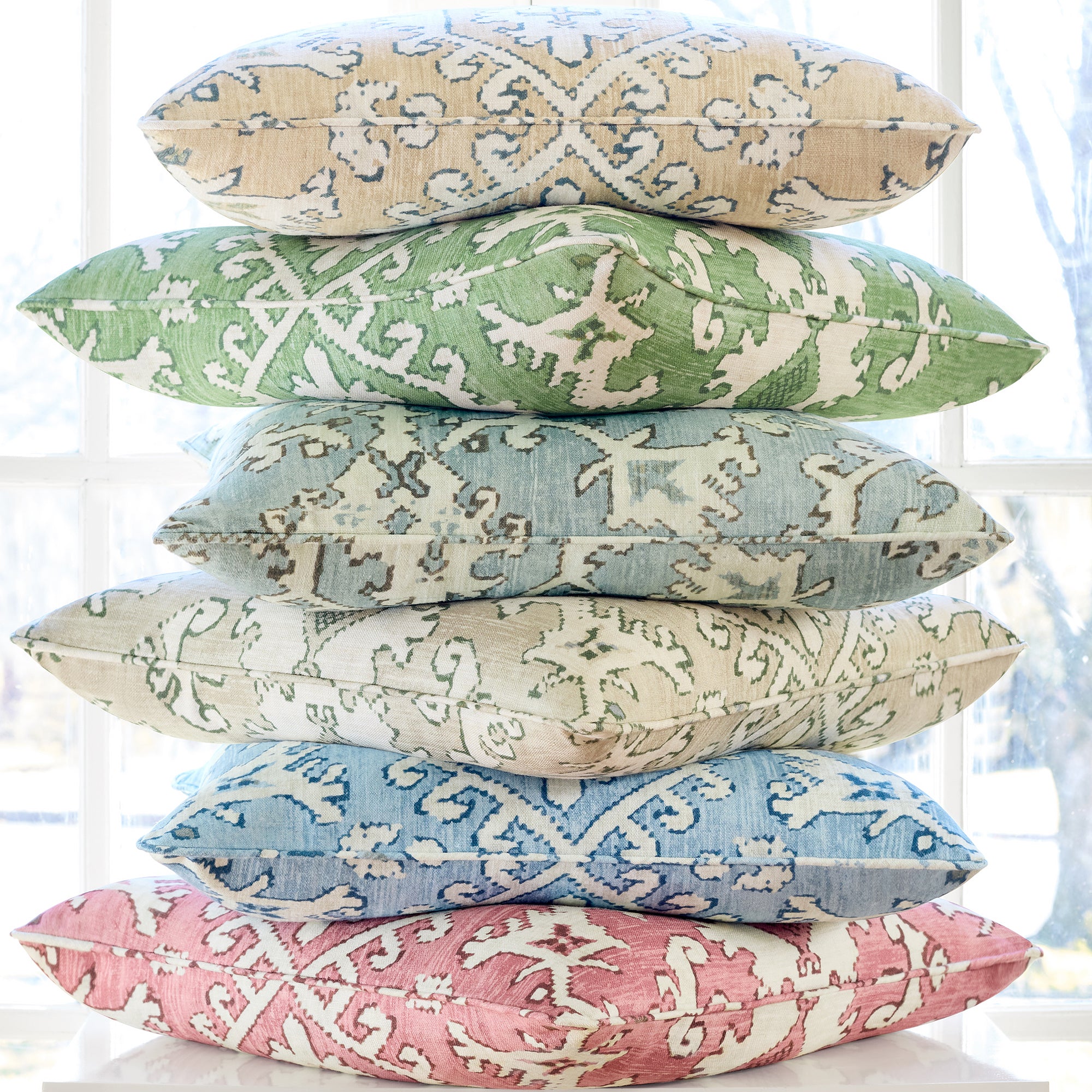 Pillow in Pontorma printed fabric in Soft Gold - pattern number AT24555 - by Anna French in the Devon collection
