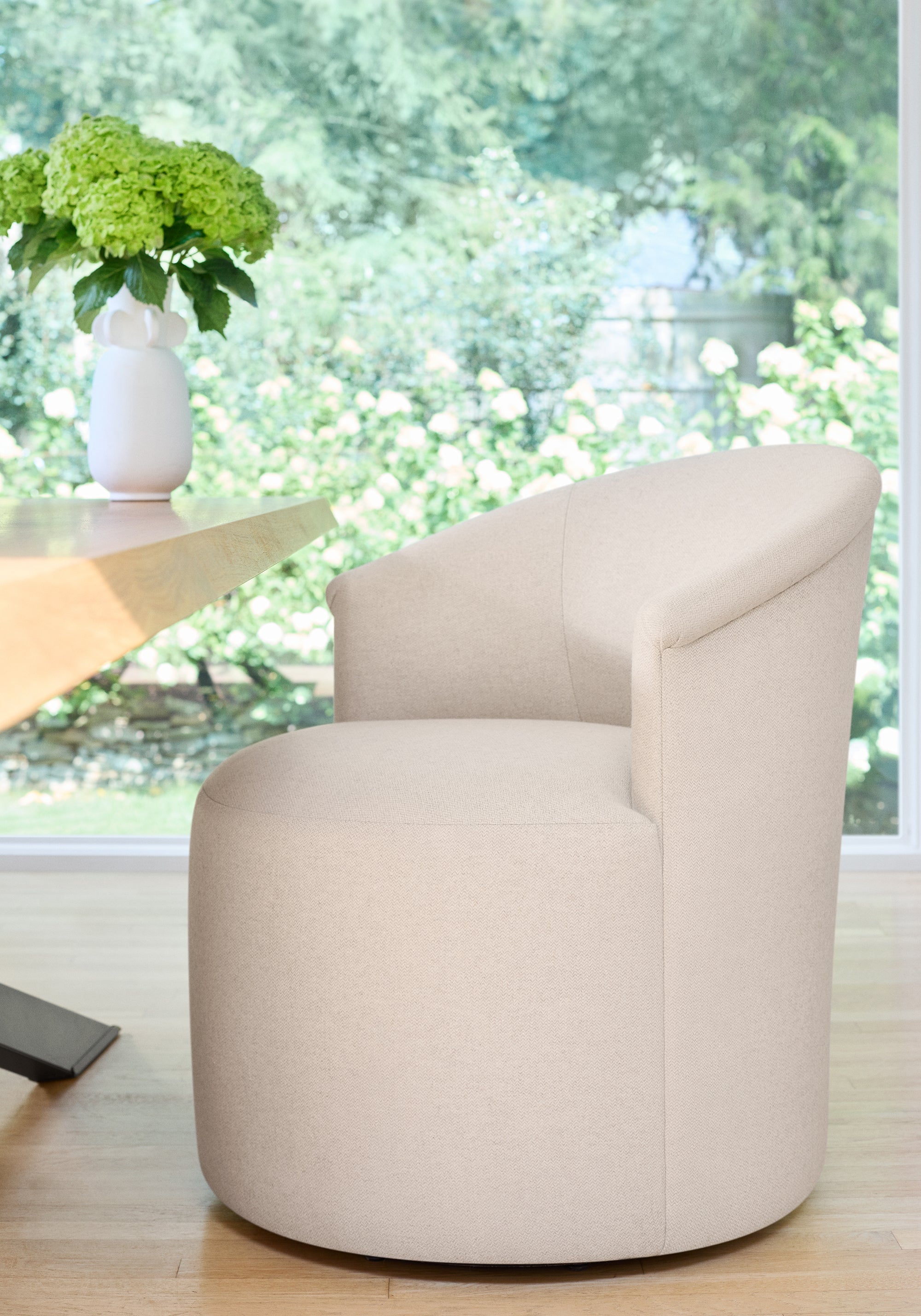 Ashby Chair with upholstered base in Dorset woven fabric in Almond - pattern number W80920 - by Thibaut fabrics