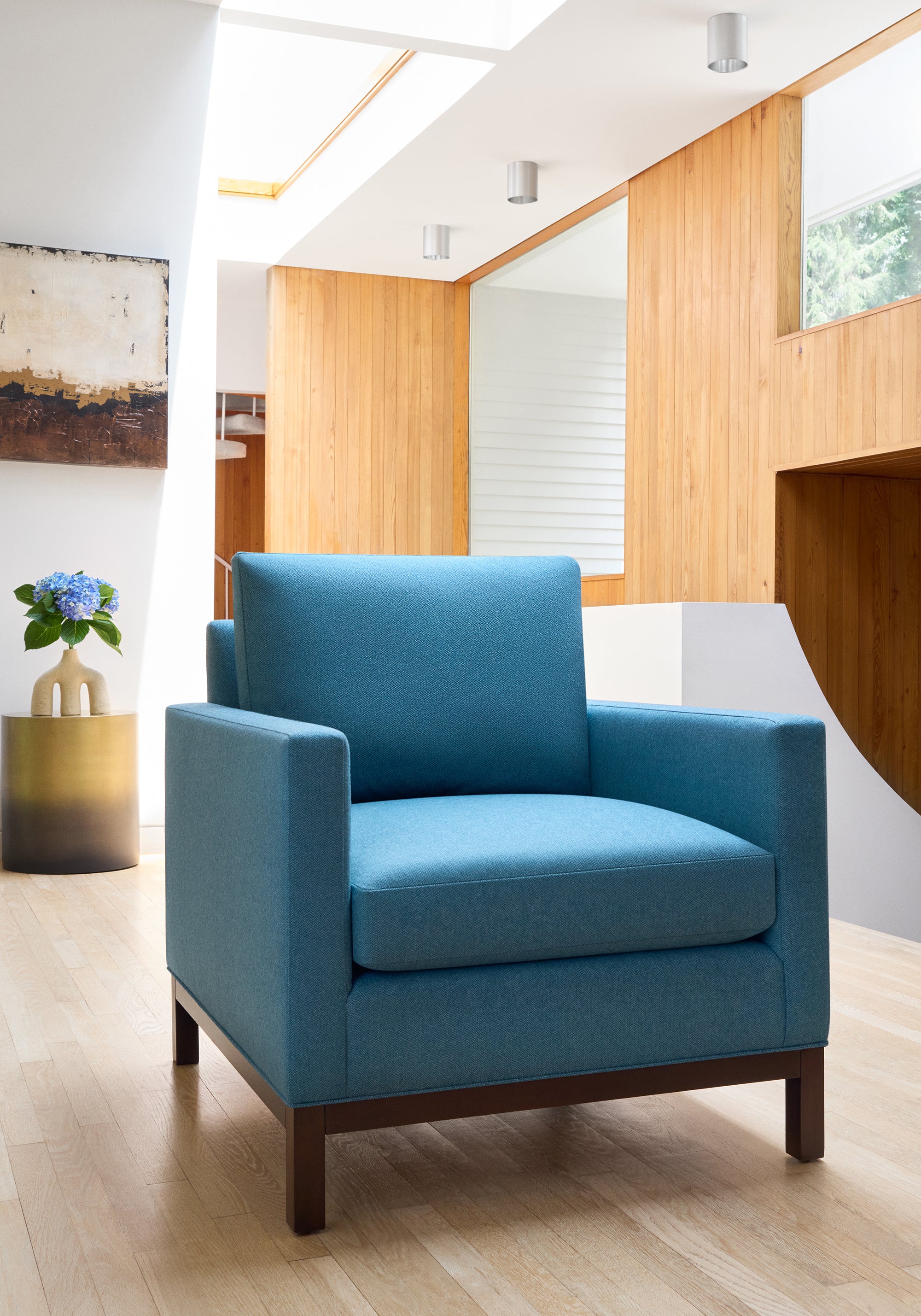 Angle view of with Frampton Chair in Dorset woven fabric in Lagoon color - pattern number W80912 - by Thibaut fabrics