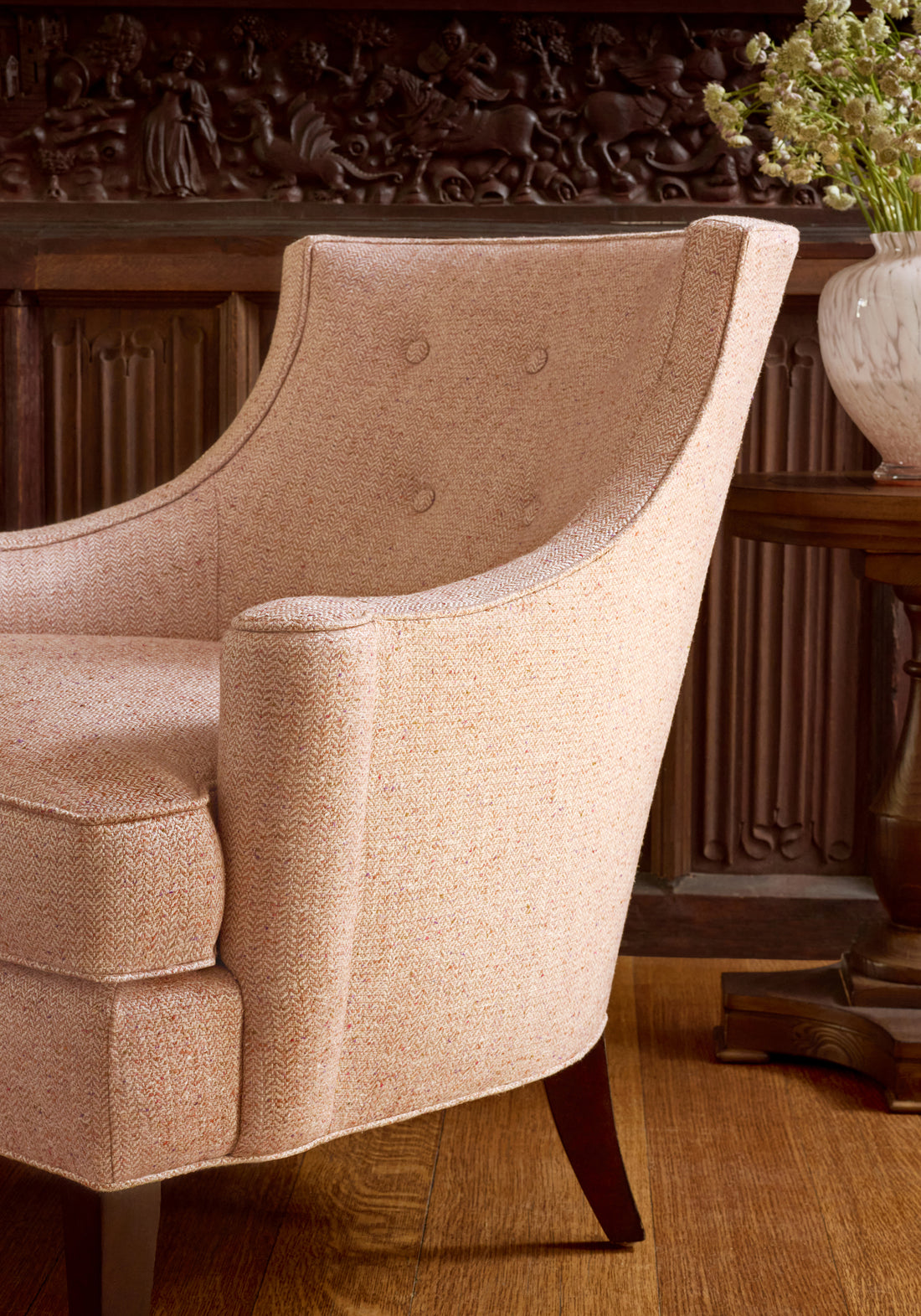 Emerson Chair in Heath woven fabric in Apricot color - pattern number W80926 - by Thibaut fabrics