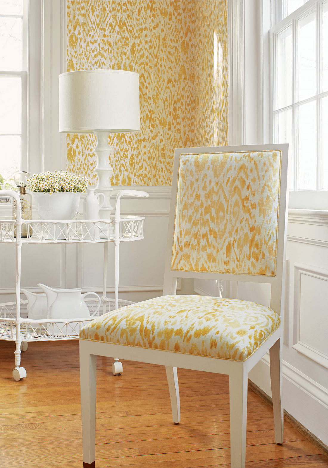 Lauderdale Dining Chair in Carlotta print fabric in yellow color - pattern number F975457 by Thibaut in the Dynasty collection