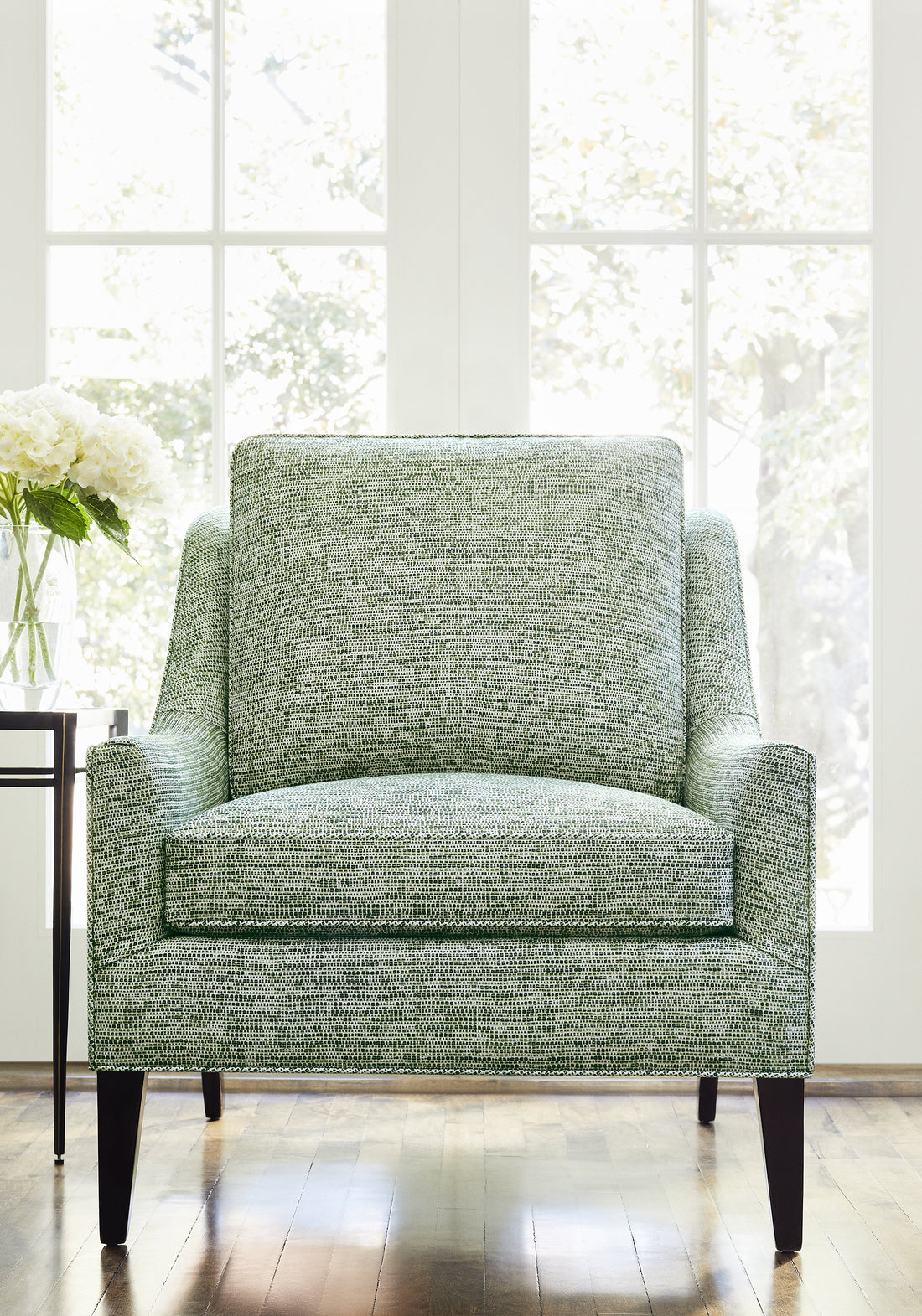 Alexander Chair in Thibaut Borealis woven fabric in Emerald color