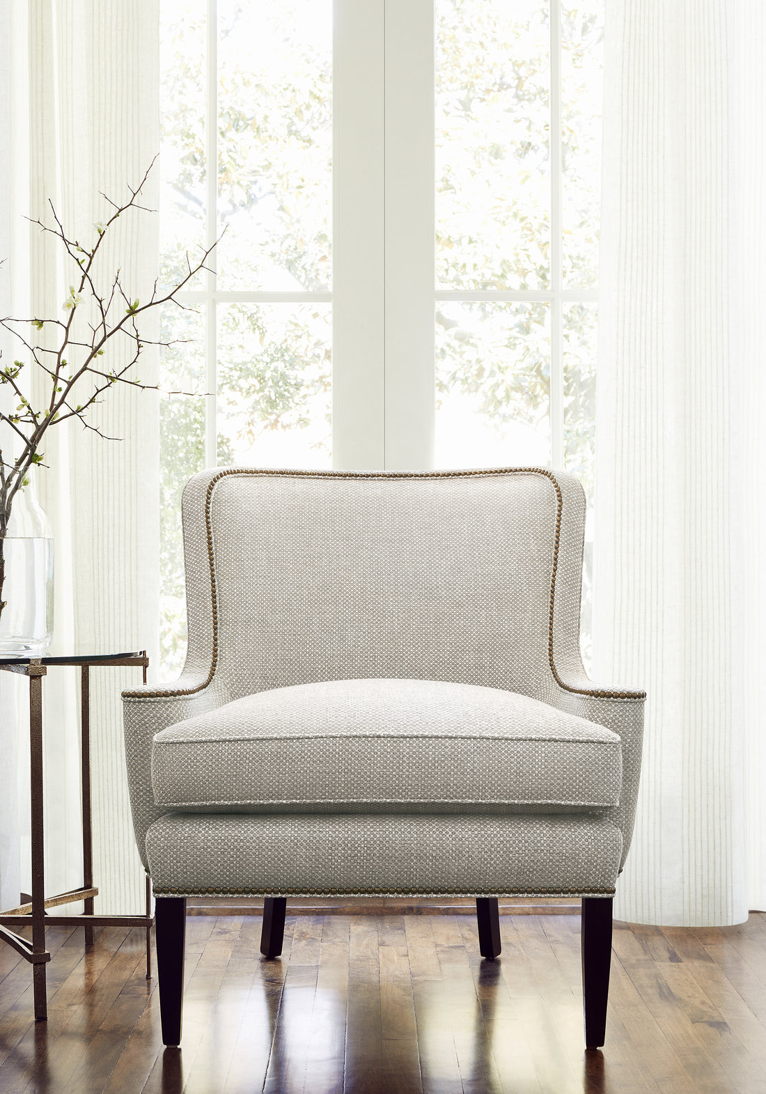 Montclair Chair in Thibaut Cascade woven fabric in Dove color pattern number W75255