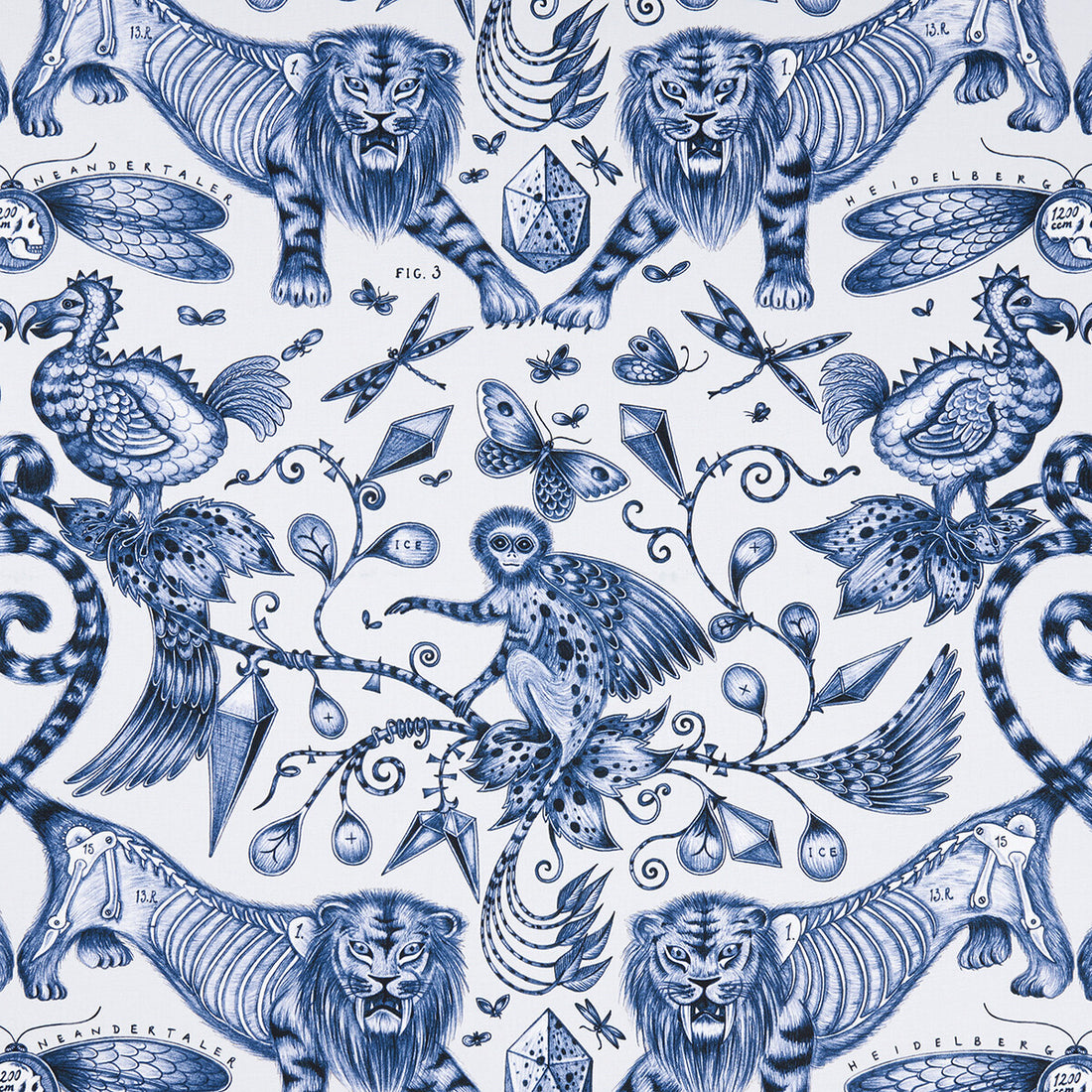 Extinct fabric in blue color - pattern F1109/01.CAC.0 - by Clarke And Clarke in the Animalia By Emma J Shipley For C&amp;C collection