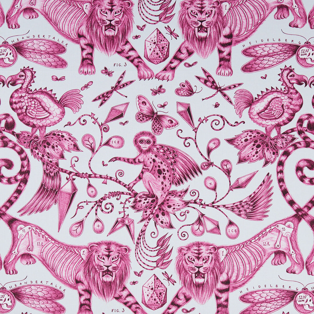 Extinct fabric in magenta color - pattern F1109/03.CAC.0 - by Clarke And Clarke in the Animalia By Emma J Shipley For C&amp;C collection
