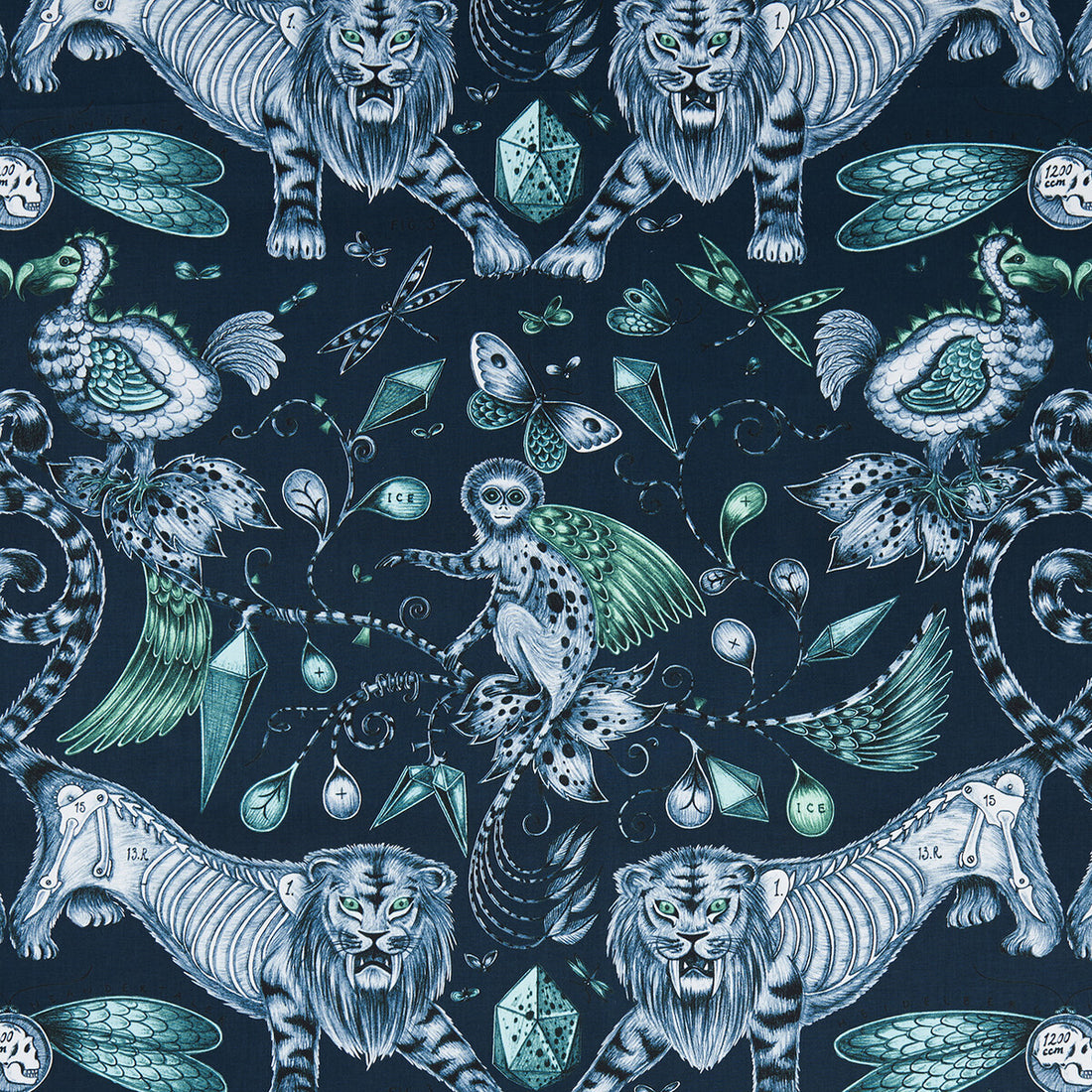 Extinct fabric in navy color - pattern F1109/04.CAC.0 - by Clarke And Clarke in the Animalia By Emma J Shipley For C&amp;C collection