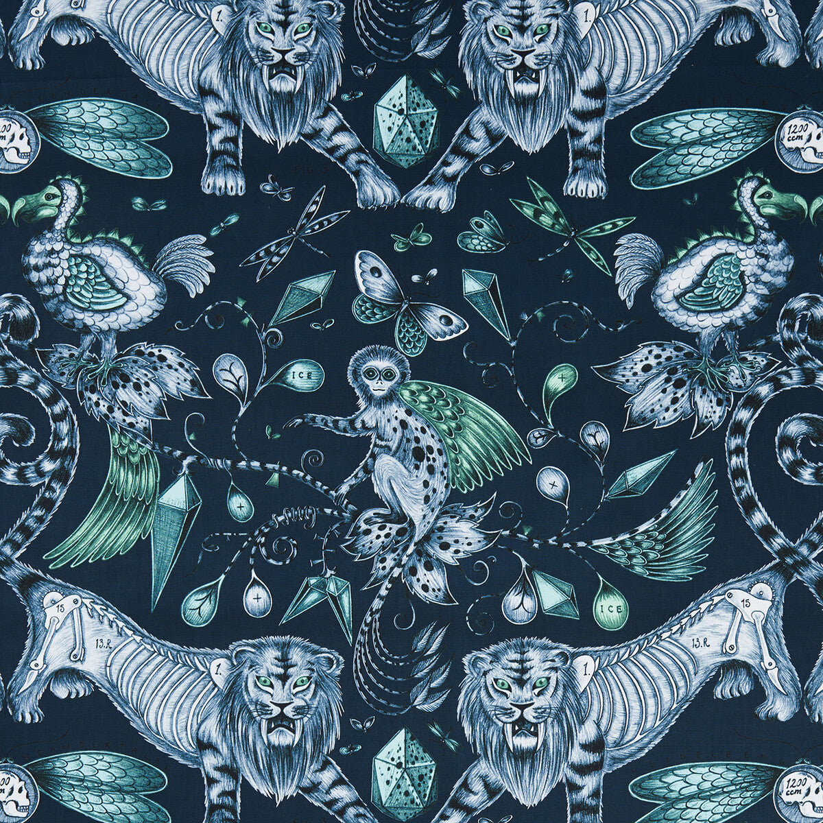 Extinct fabric in navy color - pattern F1109/04.CAC.0 - by Clarke And Clarke in the Animalia By Emma J Shipley For C&C collection