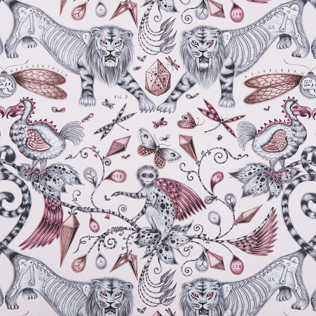 Extinct fabric in pink color - pattern F1109/05.CAC.0 - by Clarke And Clarke in the Animalia By Emma J Shipley For C&C collection