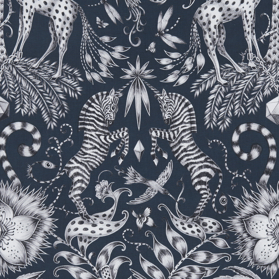 Kruger fabric in navy color - pattern F1111/05.CAC.0 - by Clarke And Clarke in the Animalia By Emma J Shipley For C&amp;C collection