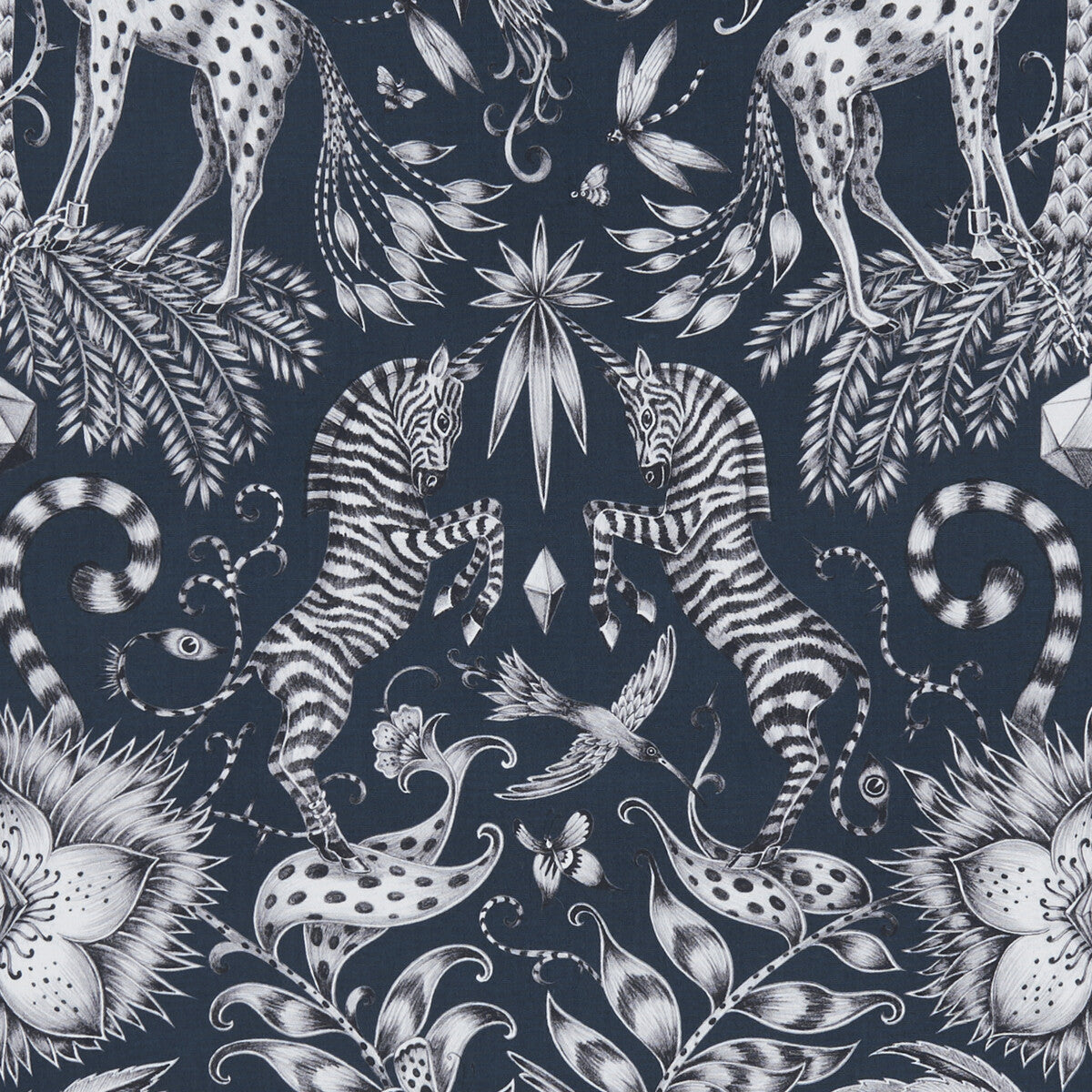 Kruger fabric in navy color - pattern F1111/05.CAC.0 - by Clarke And Clarke in the Animalia By Emma J Shipley For C&C collection