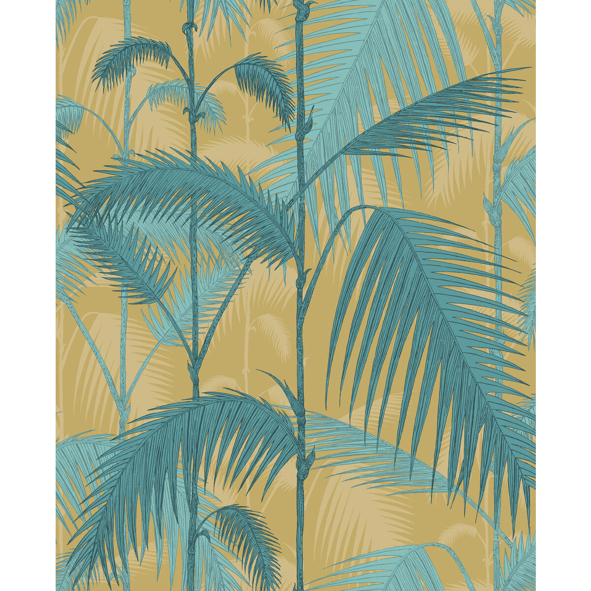 Palm Jungle fabric in orchre & petrol color - pattern F111/2003L.CS.0 - by Cole & Son in the Cole & Son Contemporary Fabrics collection