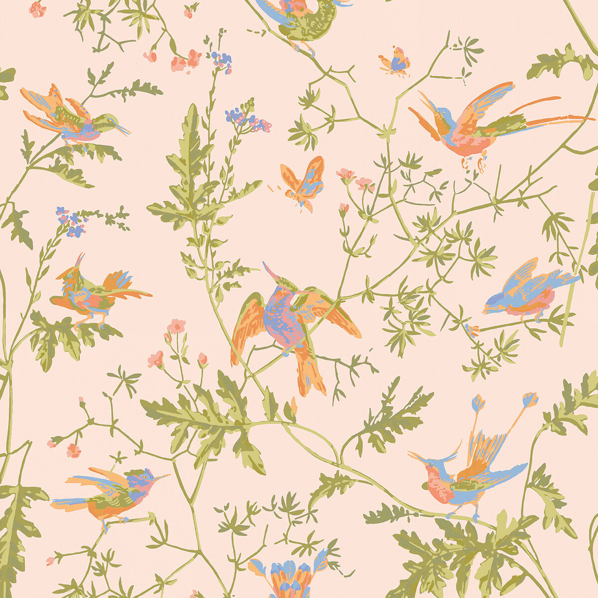 Hummingbirds Cotton Print fabric in orange color - pattern number F125/3010.CS.0 - by Cole & Son in the Cole & Son Selection Of Hummingbirds collection