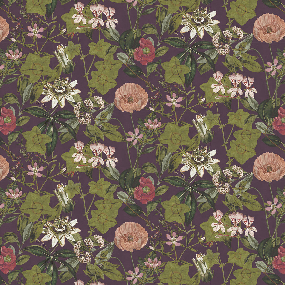 Passiflora fabric in mulberry velvet color - pattern F1304/08.CAC.0 - by Clarke And Clarke in the Clarke &amp; Clarke Exotica 2 collection
