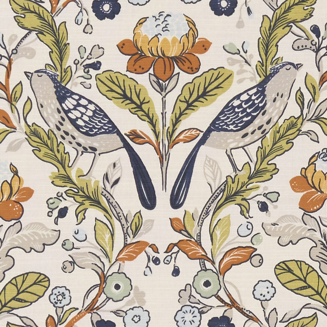 Orchard Birds fabric in birds denim/spice color - pattern F1316/01.CAC.0 - by Clarke And Clarke in the Sherwood By Studio G For C&amp;C collection