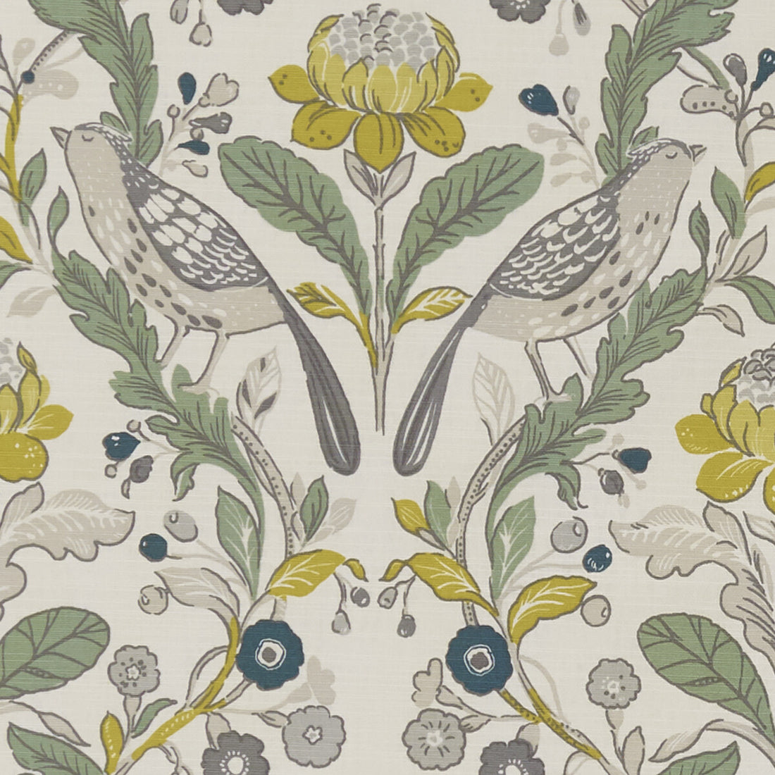 Orchard Birds fabric in birds forest/chartreuse color - pattern F1316/02.CAC.0 - by Clarke And Clarke in the Sherwood By Studio G For C&amp;C collection