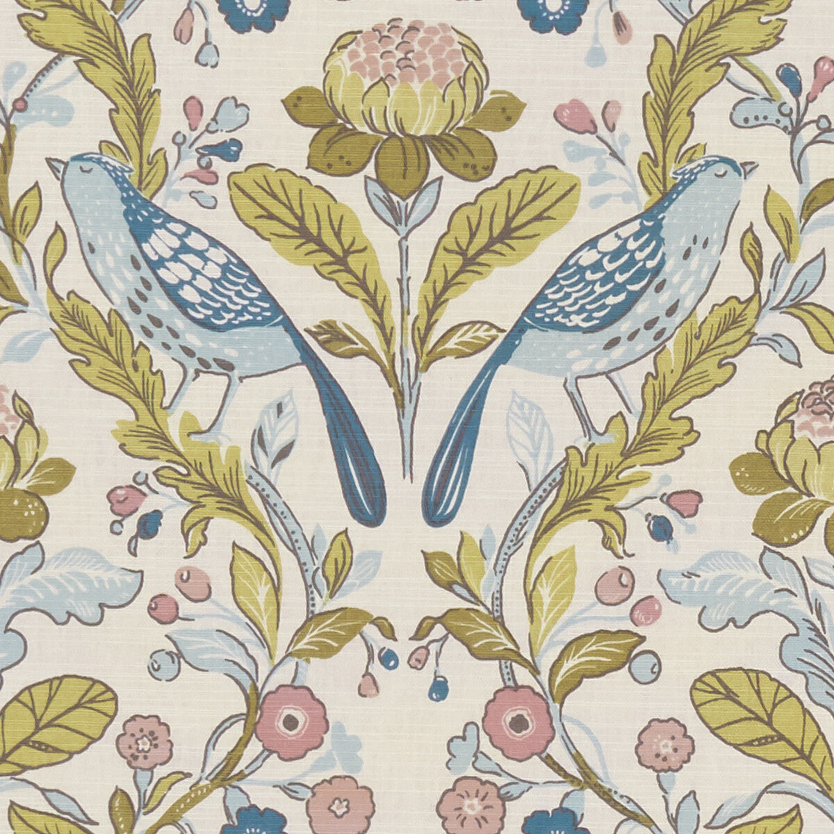 Orchard Birds fabric in birds teal/blush color - pattern F1316/05.CAC.0 - by Clarke And Clarke in the Sherwood By Studio G For C&C collection