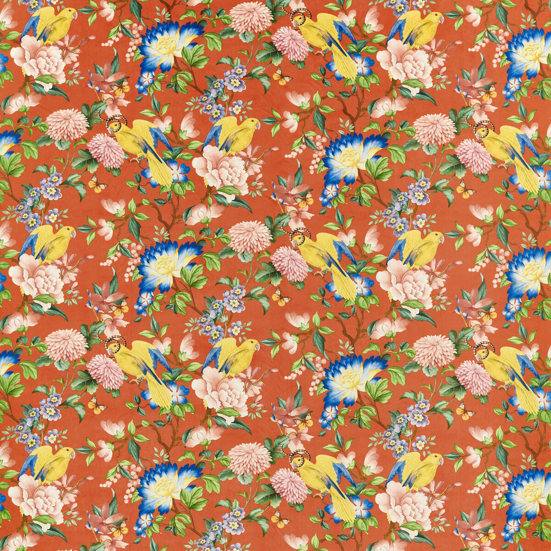 Golden Parrot fabric in coral velvet color - pattern F1586/01.CAC.0 - by Clarke And Clarke in the Clarke &amp; Clarke Botanical Wonders Fabric collection