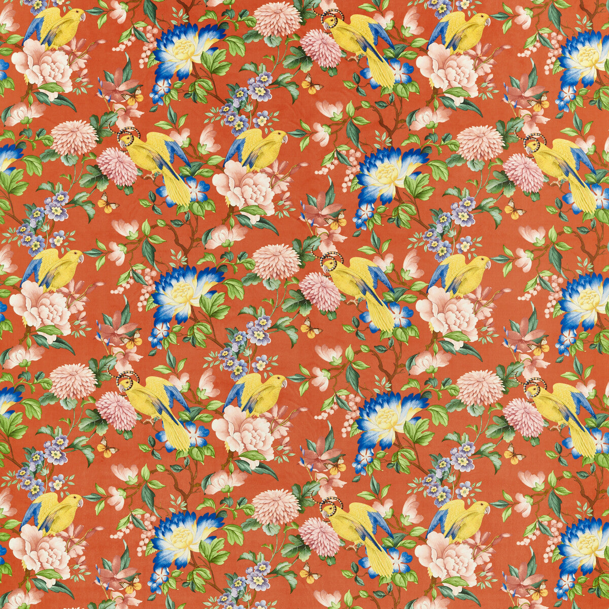 Golden Parrot fabric in coral velvet color - pattern F1586/01.CAC.0 - by Clarke And Clarke in the Clarke & Clarke Botanical Wonders Fabric collection