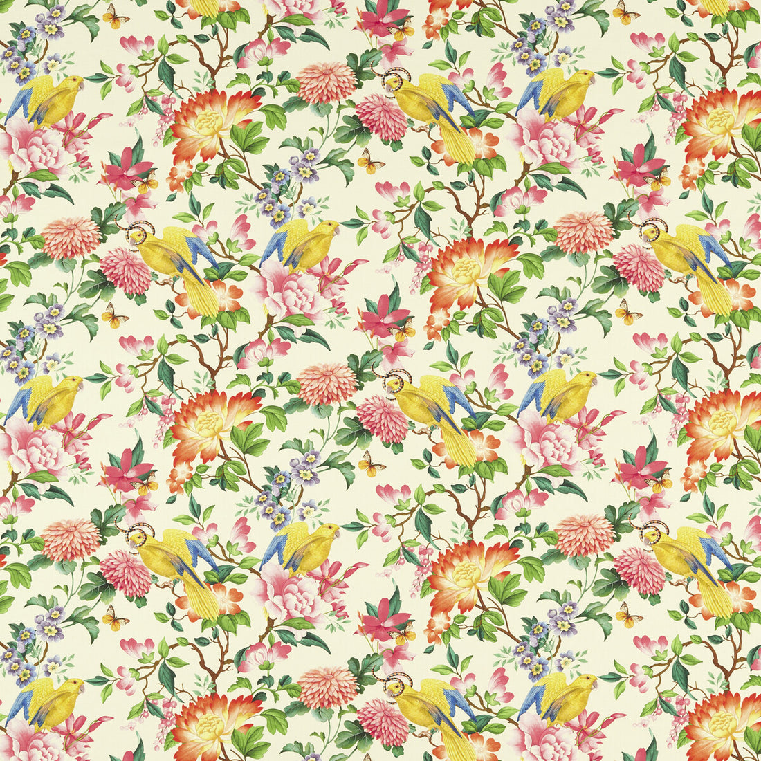 Golden Parrot fabric in ivory color - pattern F1600/01.CAC.0 - by Clarke And Clarke in the Clarke &amp; Clarke Botanical Wonders Fabric collection