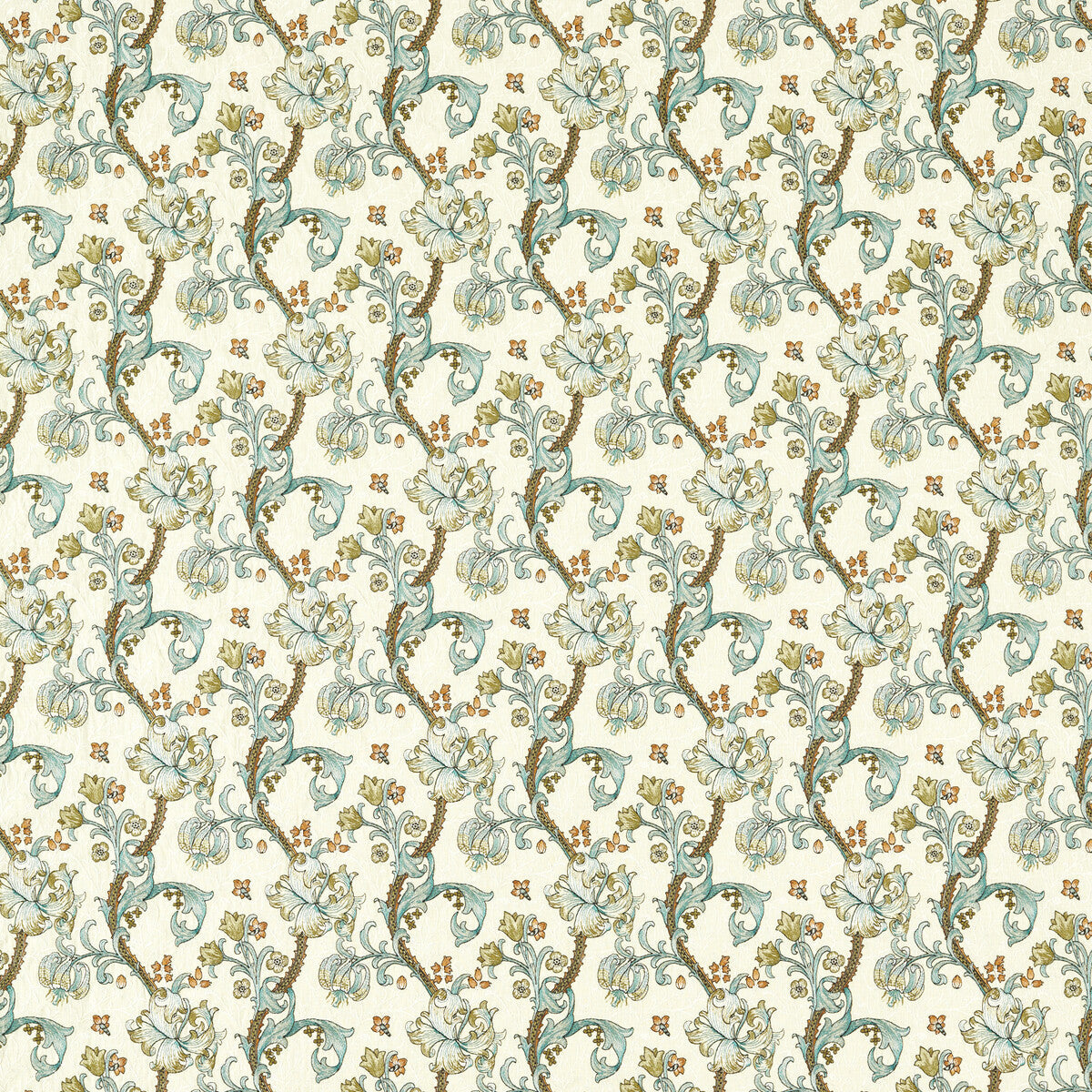 Golden Lily Embroidery fabric in linen teal color - pattern number F1742/03.CAC.0 - by Clarke And Clarke in the Clarke & Clarke William Morris Weaves collection