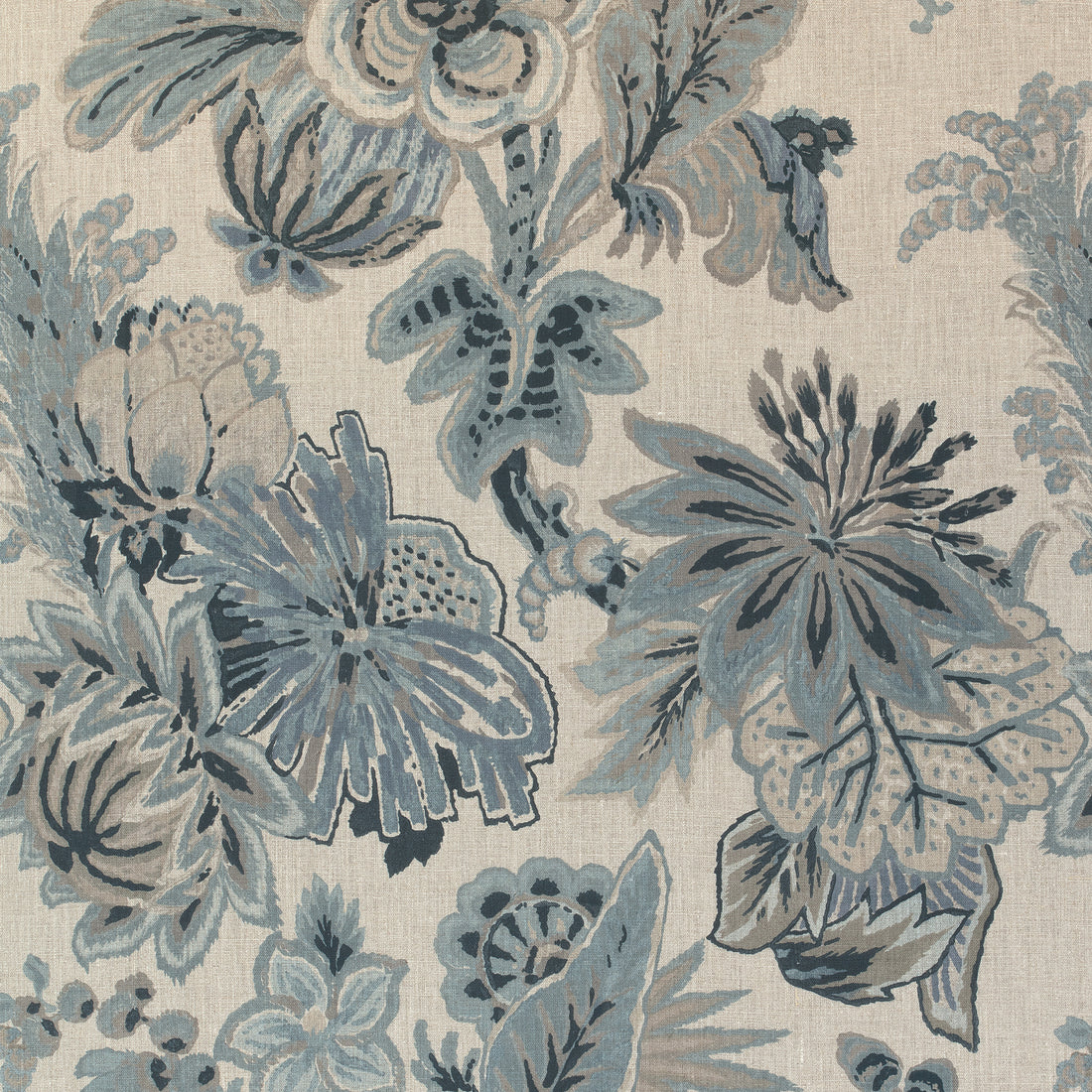 Floral Gala fabric in slate blue and flax color - pattern number F910214 - by Thibaut in the Colony collection