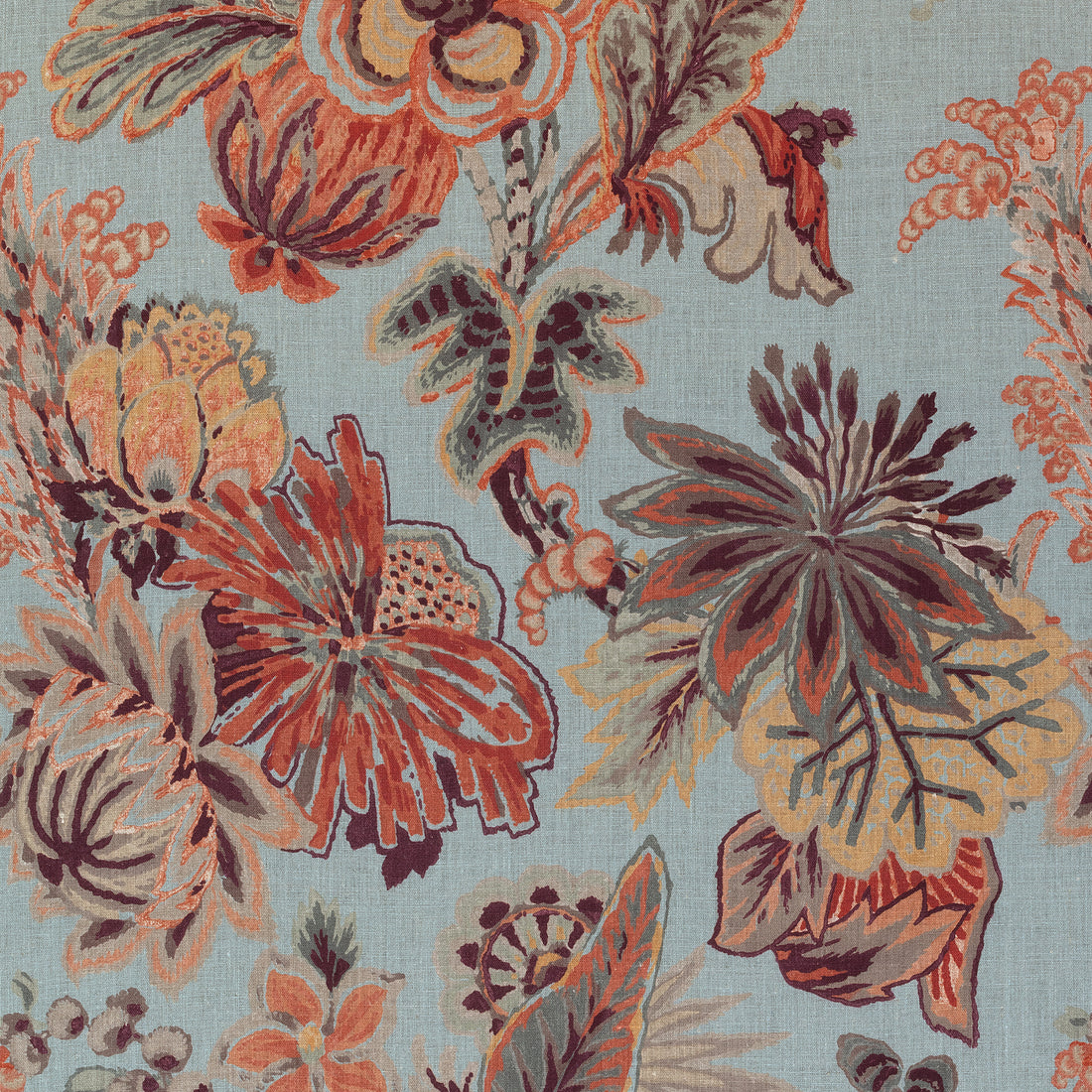 Floral Gala fabric in blue and cinnamon color - pattern number F910215 - by Thibaut in the Colony collection