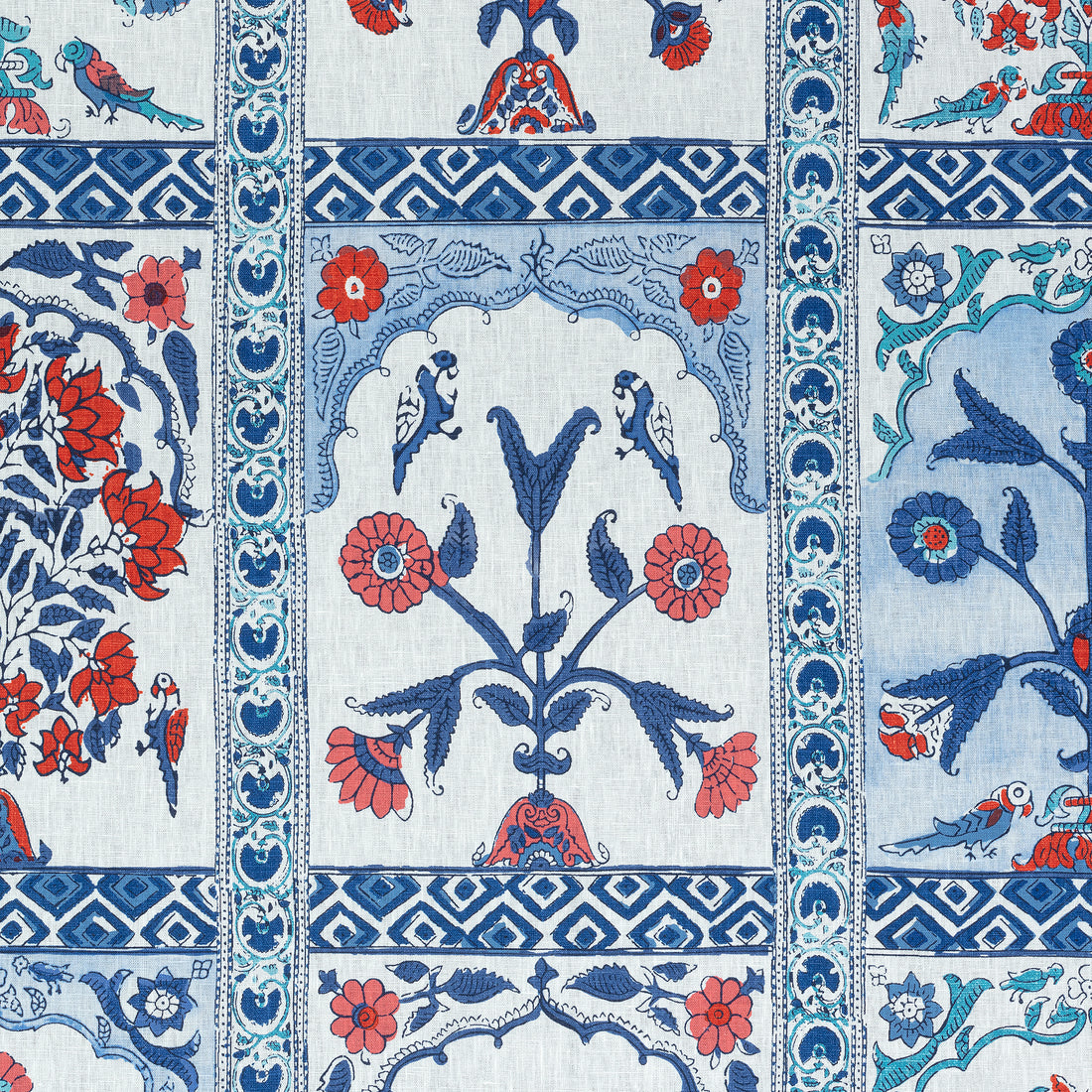 Indian Panel fabric in coral and blue color - pattern number F910631 - by Thibaut in the Ceylon collection