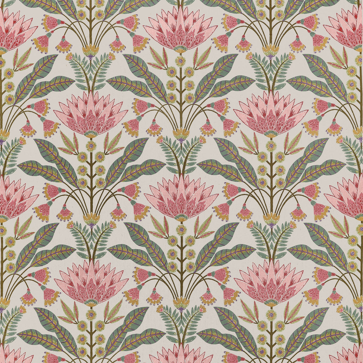 Lotus fabric in Cranberry and Green color - pattern number F914606 - by Thibaut in the Fairhaven collection