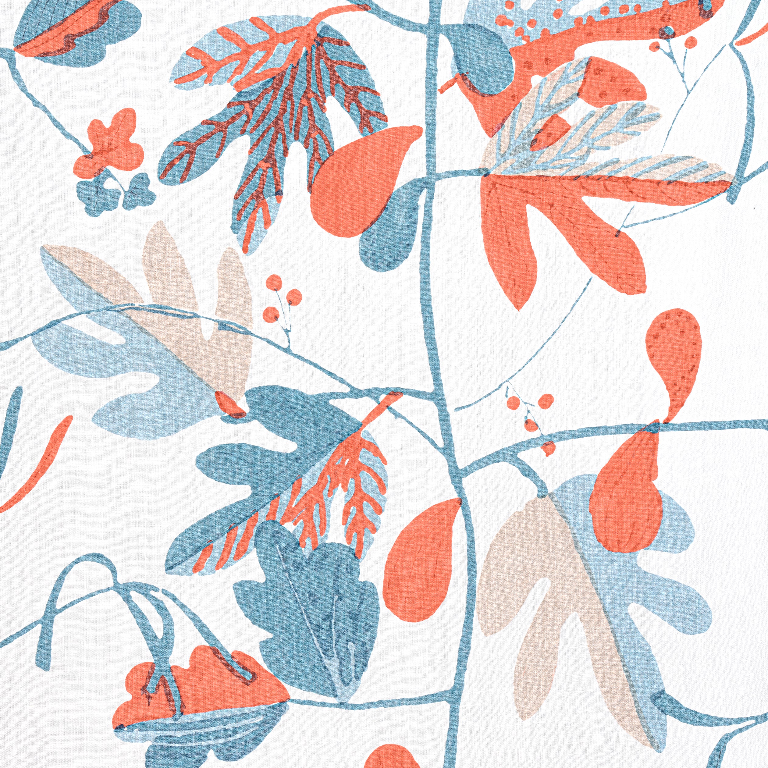 Matisse Leaf fabric in french blue and coral color - pattern number F916207 - by Thibaut in the Kismet collection