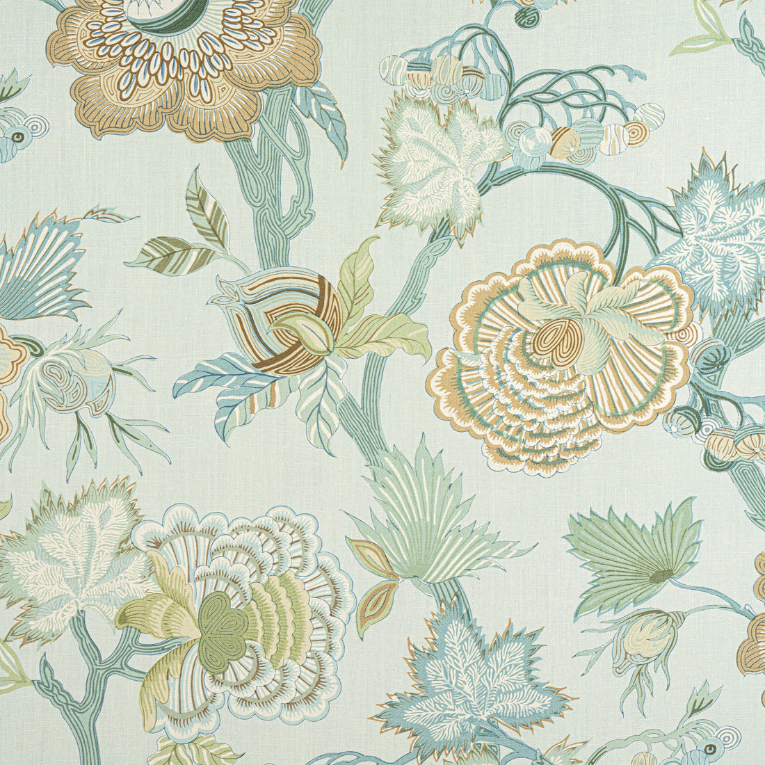 Indienne Jacobean fabric in seaglass and gold color - pattern number F936417 - by Thibaut in the Indienne collection