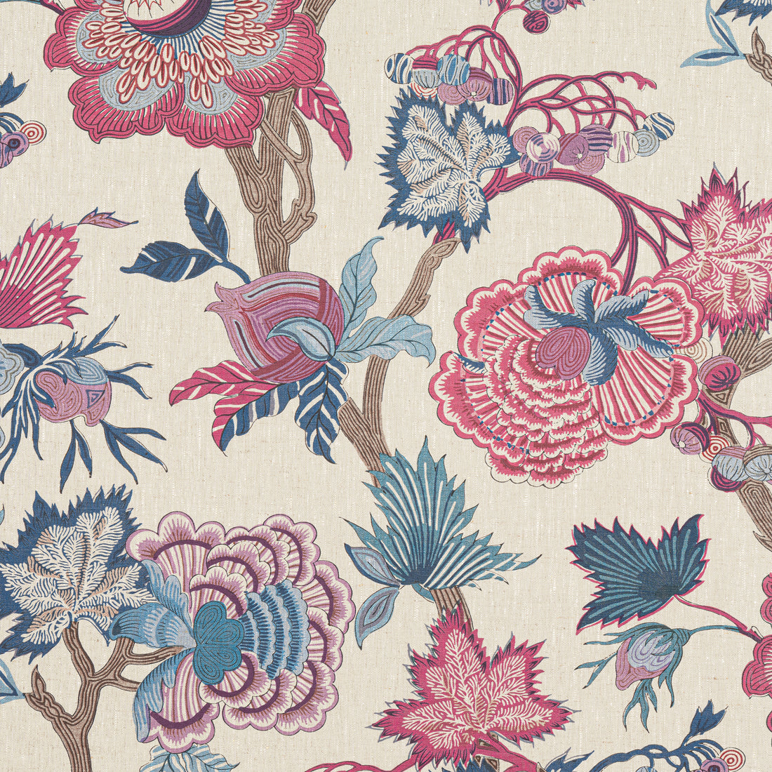 Indienne Jacobean fabric in raspberry and blue on natural color - pattern number F936419 - by Thibaut in the Indienne collection