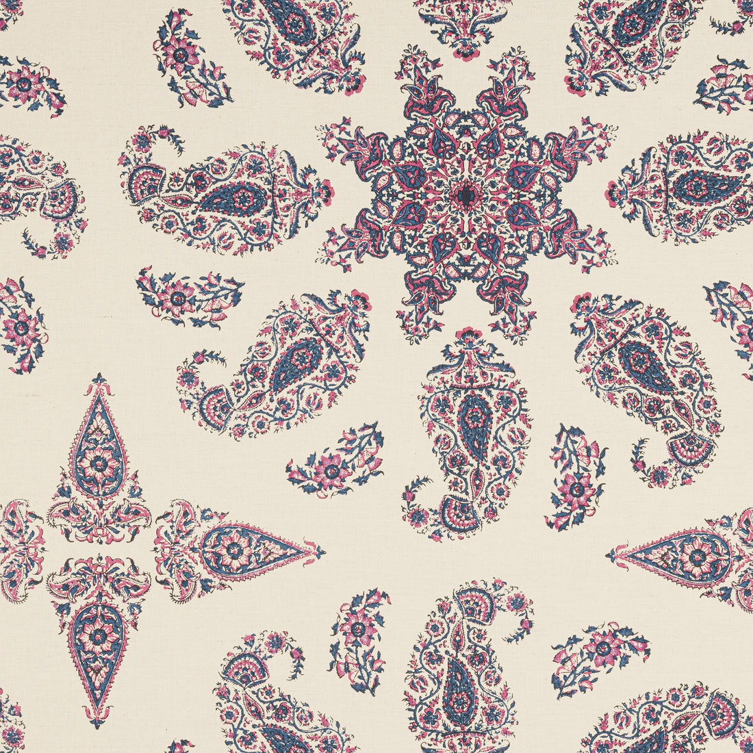 East India fabric in raspberry and blue on natural color - pattern number F936430 - by Thibaut in the Indienne collection