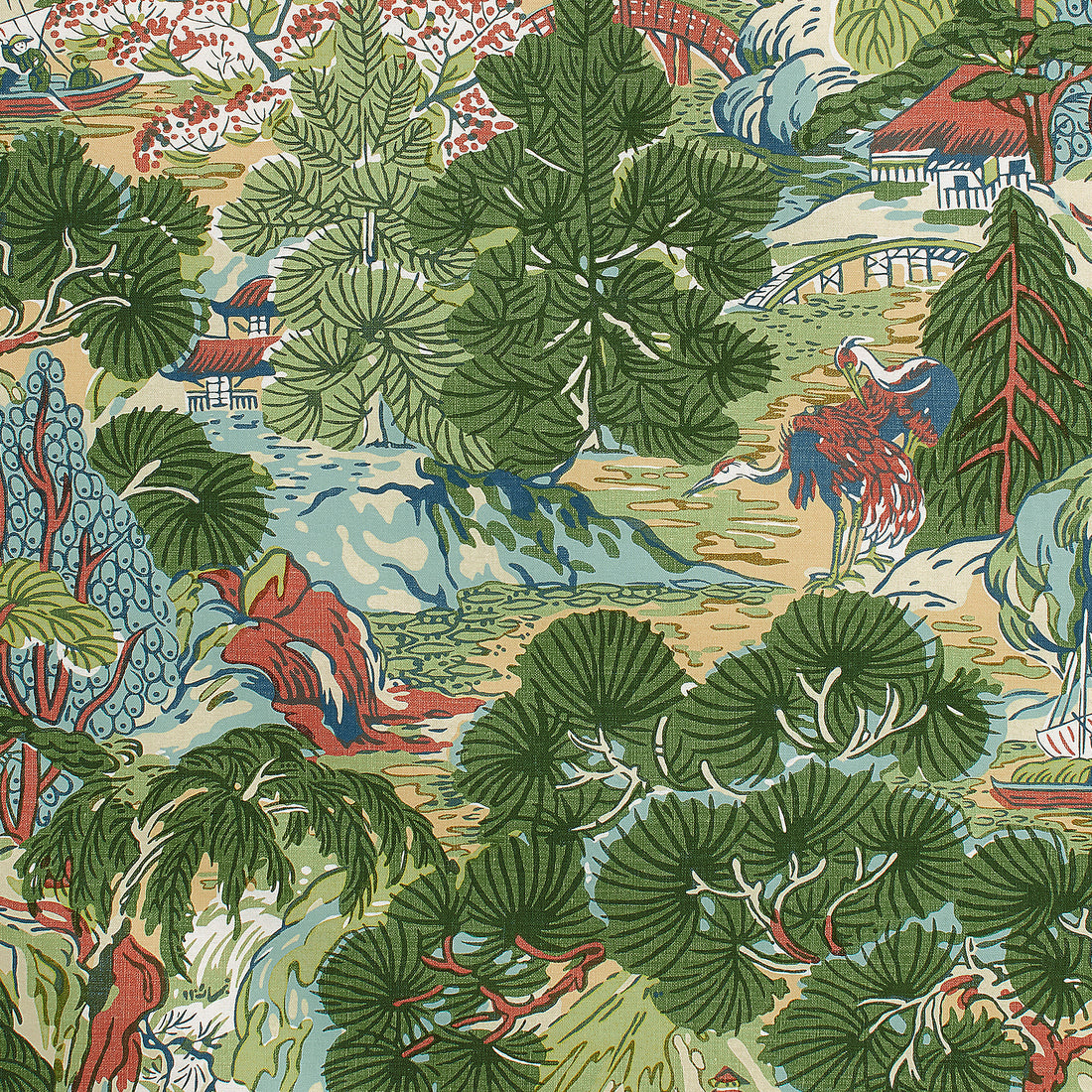 Pagoda Trees fabric in coral and green color - pattern number F942022 - by Thibaut in the Sojourn collection
