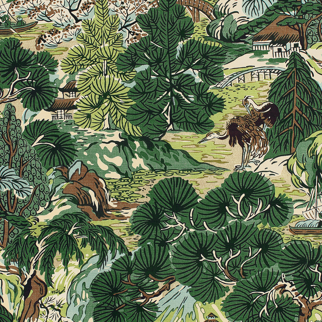 Pagoda Trees fabric in brown and green color - pattern number F942025 - by Thibaut in the Sojourn collection