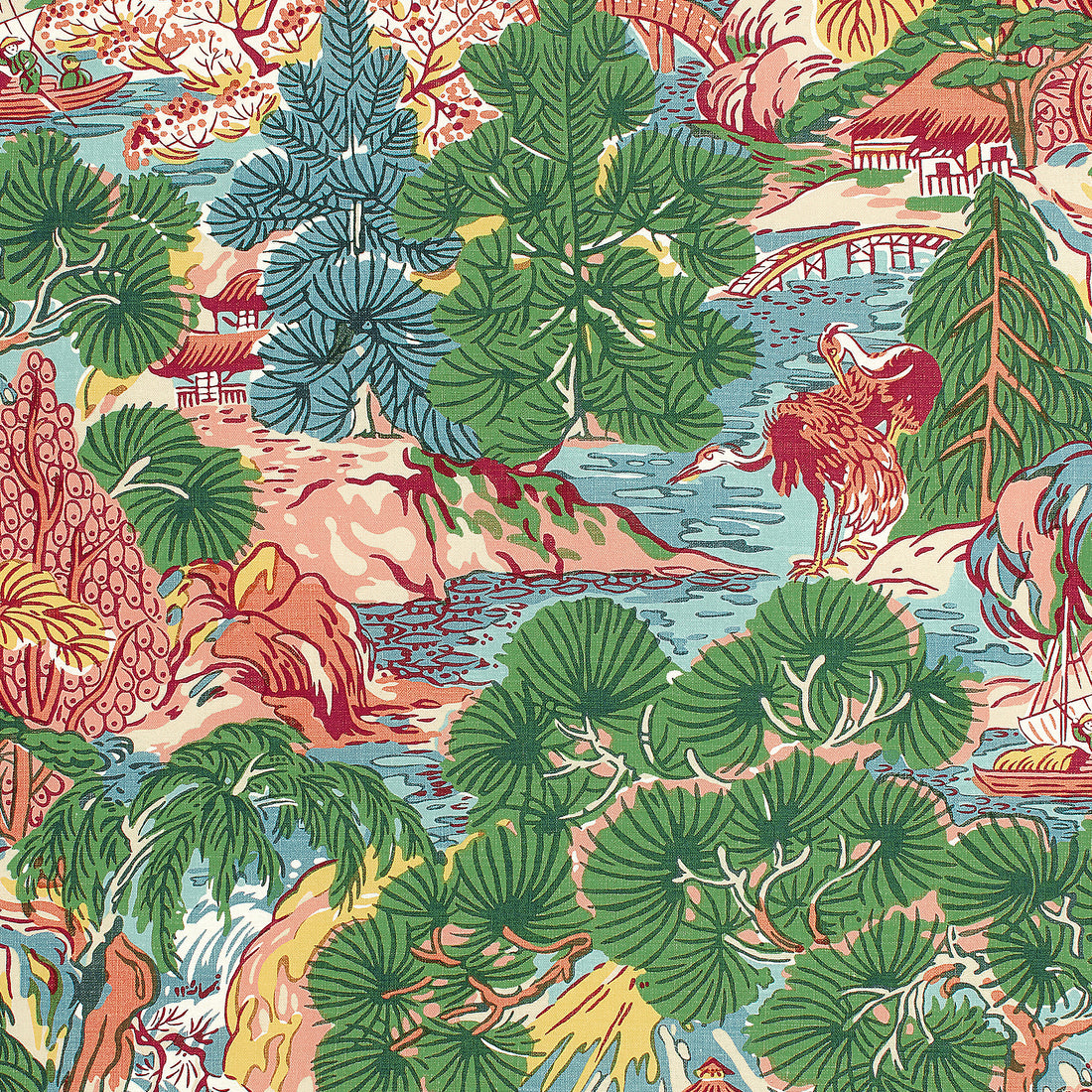 Pagoda Trees fabric in pink and green color - pattern number F942026 - by Thibaut in the Sojourn collection