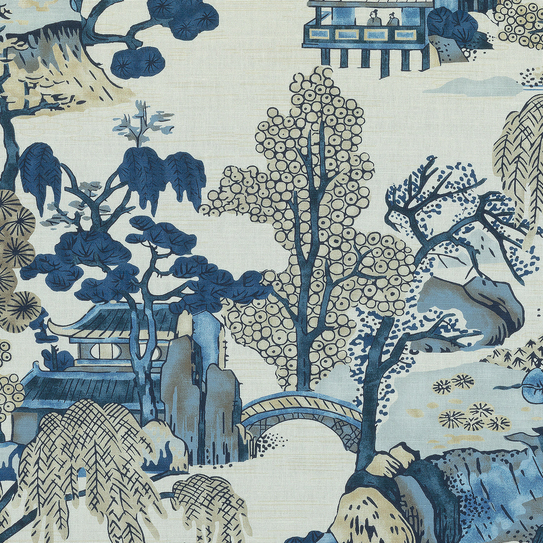 Asian Scenic fabric in blue and beige color - pattern number F975461 - by Thibaut in the Dynasty collection