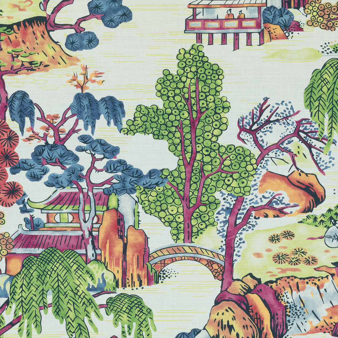 Asian Scenic fabric in coral and green color - pattern number F975464 - by Thibaut in the Dynasty collection