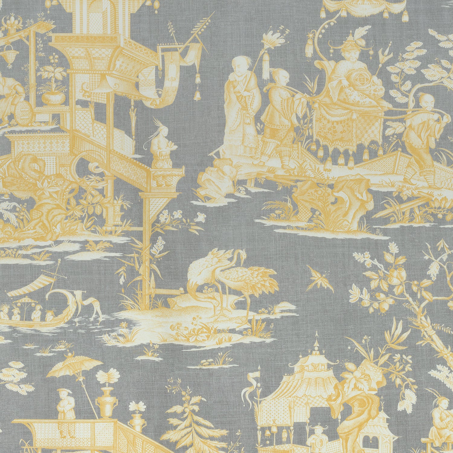 Cheng Toile fabric in yellow and grey color - pattern number F975470 - by Thibaut in the Dynasty collection