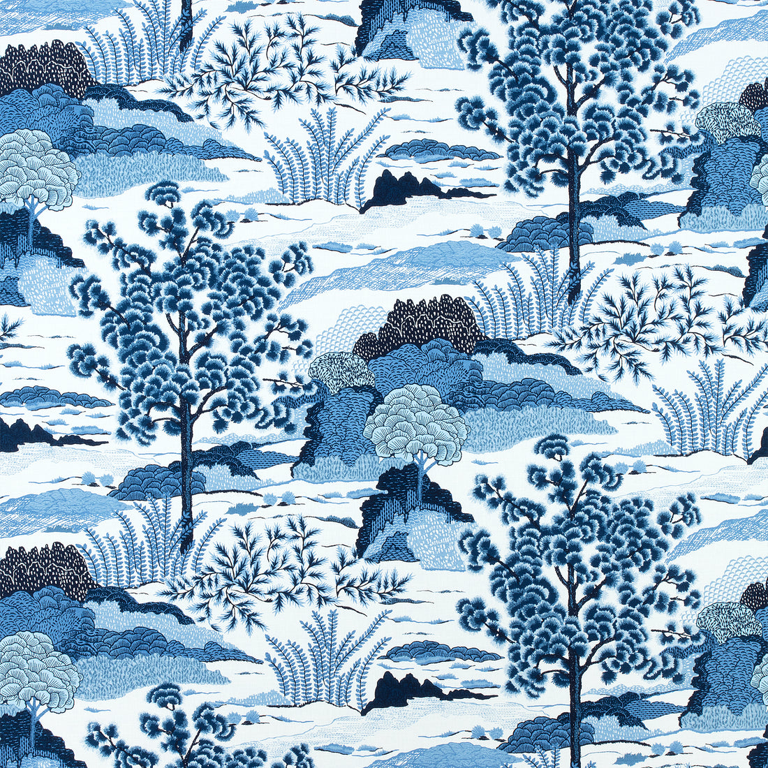 Daintree fabric in blue on white color - pattern number F985044 - by Thibaut in the Greenwood collection
