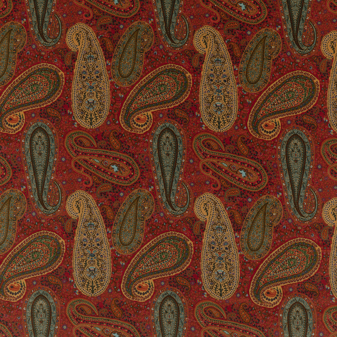 Peregrine Paisley Velvet fabric in teal/red color - pattern FD2002.R52.0 - by Mulberry in the Mulberry Long Weekend collection