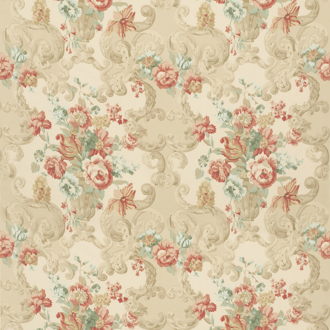 Floral Rococo fabric in lovat/red color - pattern FD2011.R114.0 - by Mulberry in the Icons Fabrics collection