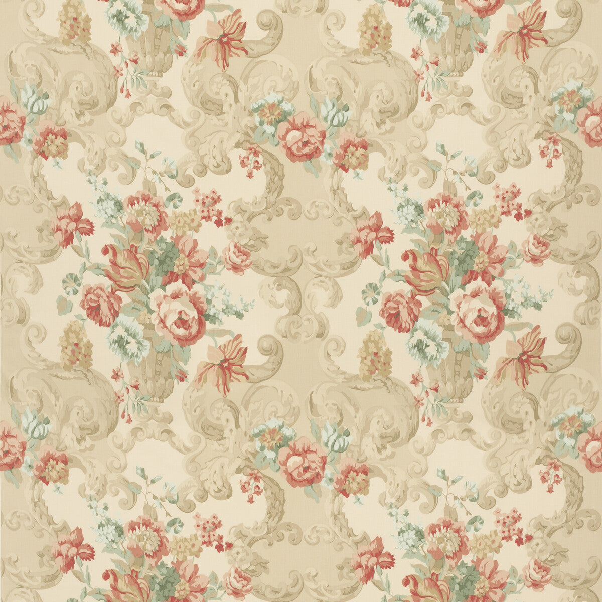 Floral Rococo fabric in lovat/red color - pattern FD2011.R114.0 - by Mulberry in the Icons Fabrics collection