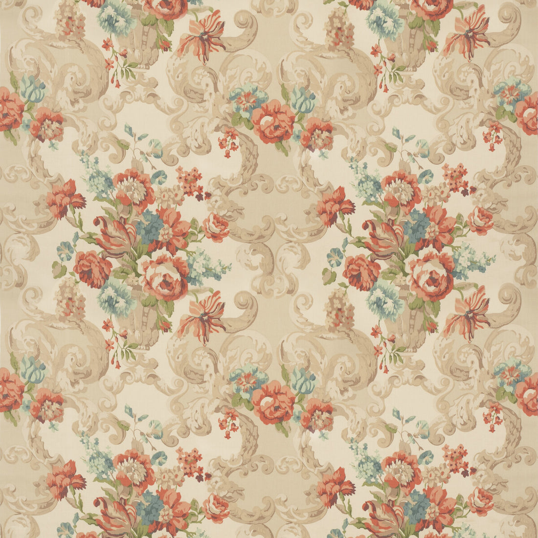 Floral Rococo fabric in red/green color - pattern FD2011.V117.0 - by Mulberry in the Icons Fabrics collection