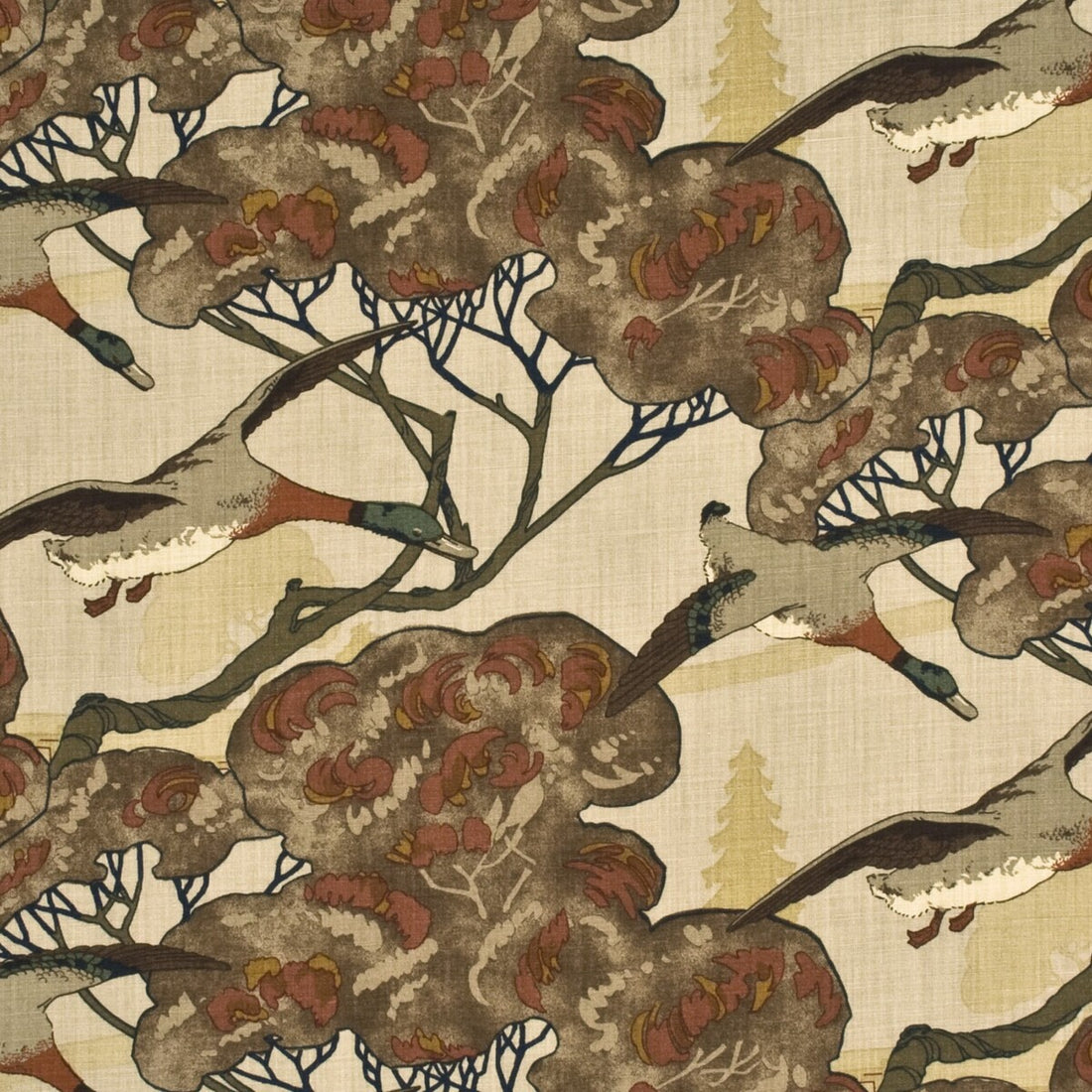 Flying Ducks fabric in stone/brown color - pattern FD205.K47.0 - by Mulberry in the Grand Tour collection