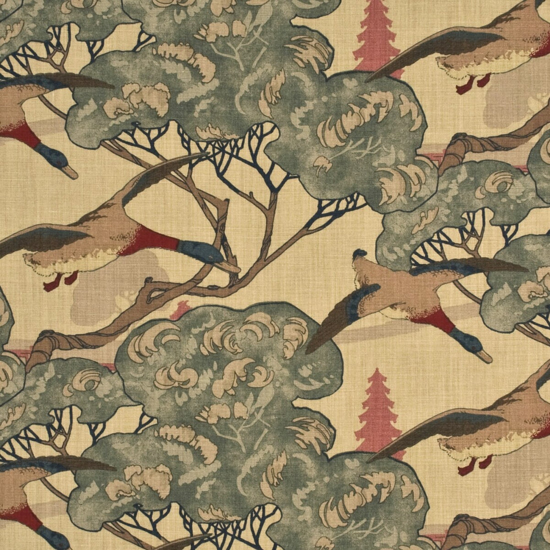 Flying Ducks fabric in camel/grey color - pattern FD205.L18.0 - by Mulberry in the Mulberry Best Of collection