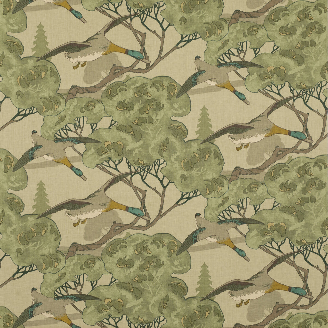 Flying Ducks fabric in emerald color - pattern FD205.S16.0 - by Mulberry in the Icons Fabrics collection