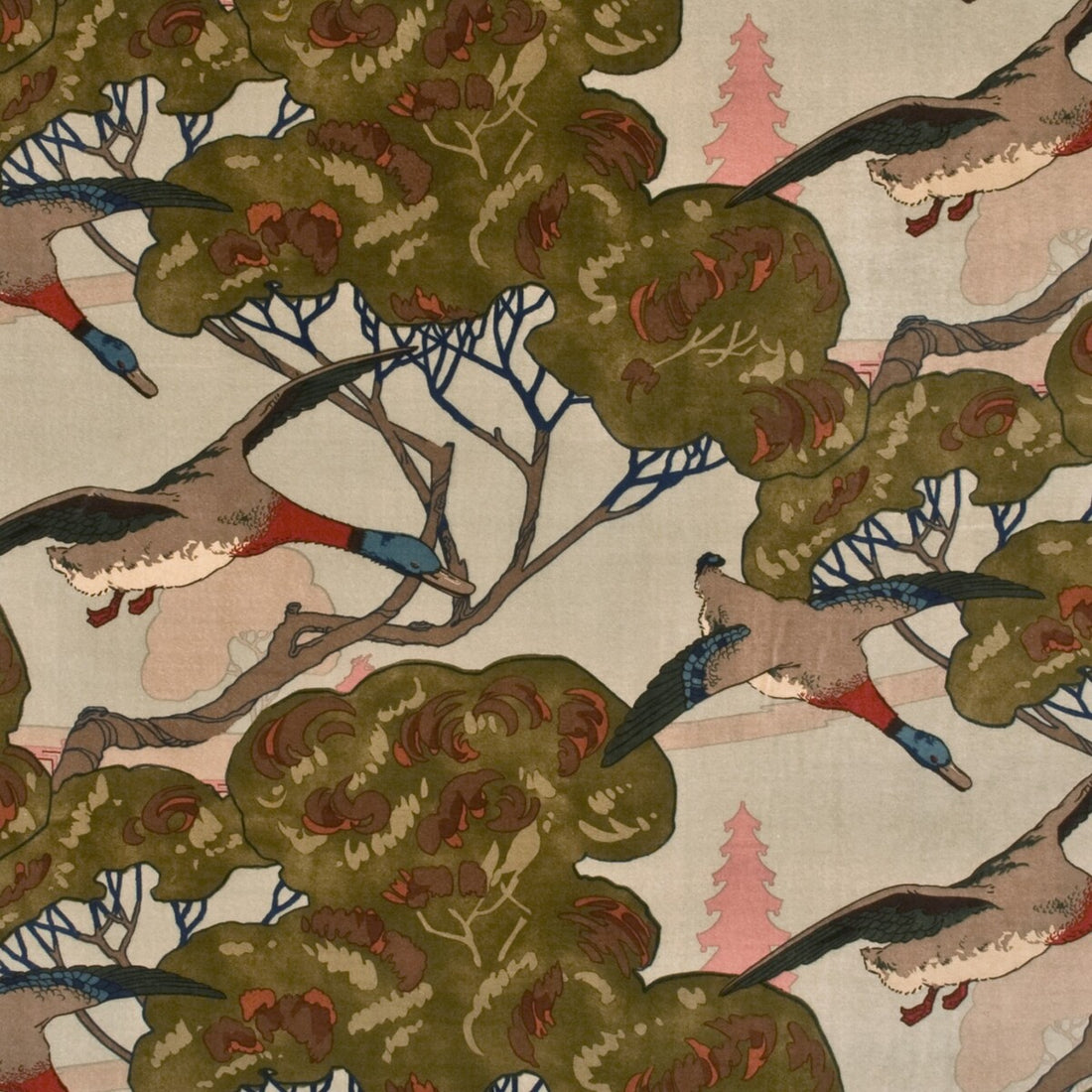 Flying Ducks Velvet fabric in sky color - pattern FD258.H22.0 - by Mulberry in the Country Weekend collection