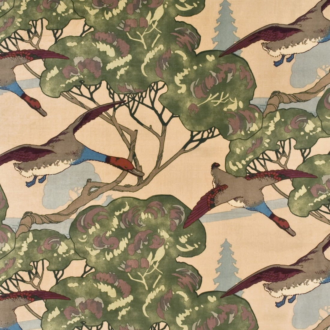 Flying Ducks Velvet fabric in camel color - pattern FD258.L102.0 - by Mulberry in the Country Weekend collection