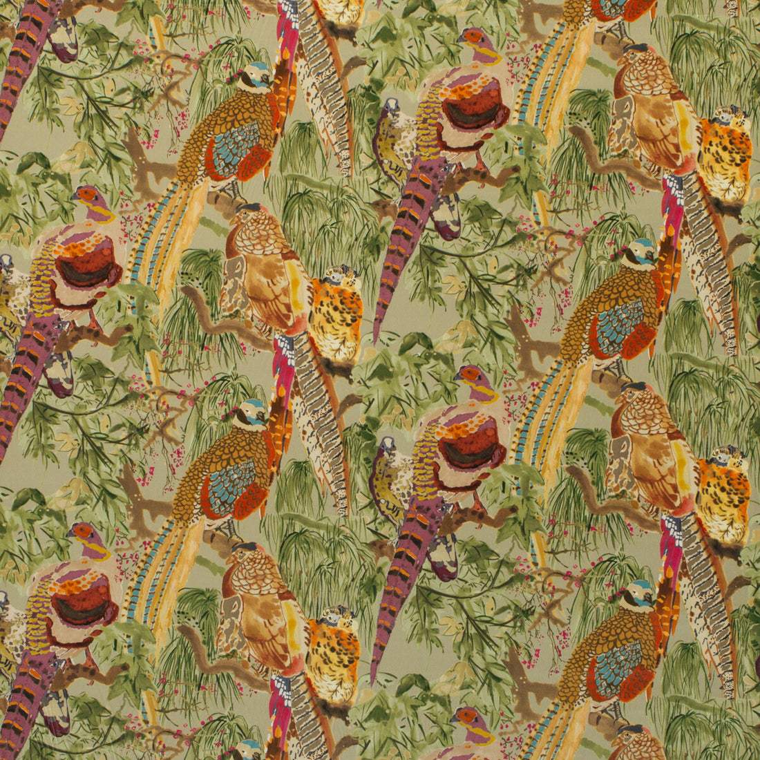 Game Birds Velvet fabric in fig/multi color - pattern FD268.H46.0 - by Mulberry in the Bohemian Romance collection